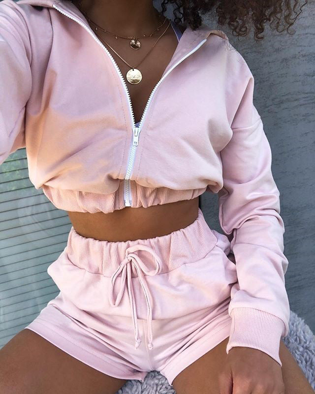Hooded zipper loose sports shorts long sleeve suit