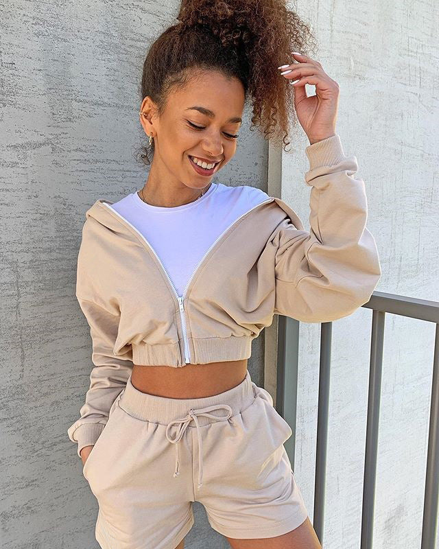 Hooded zipper loose sports shorts long sleeve suit