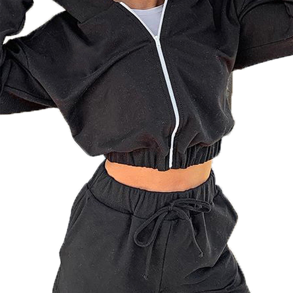 Hooded zipper loose sports shorts long sleeve suit