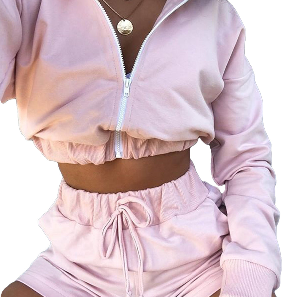 Hooded zipper loose sports shorts long sleeve suit
